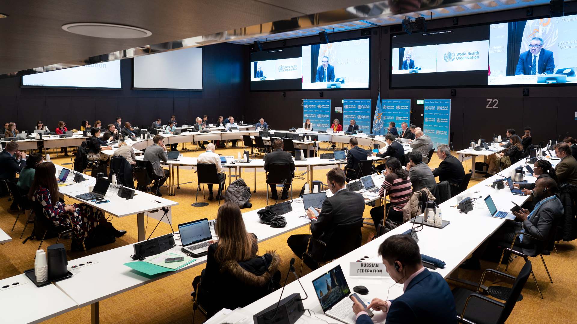 Meeting participants during WHO Director-General's opening remarks at headquarters in Geneva, Switzerland.