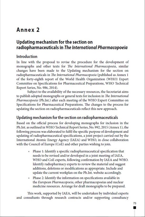 Annex 2: Updating mechanism for the section on radiopharmaceuticals in The International Pharmacopoeia