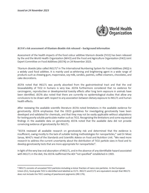 Joint FAO/WHO Expert Committee on Food Additives risk assessment of titanium dioxide risk released – background information