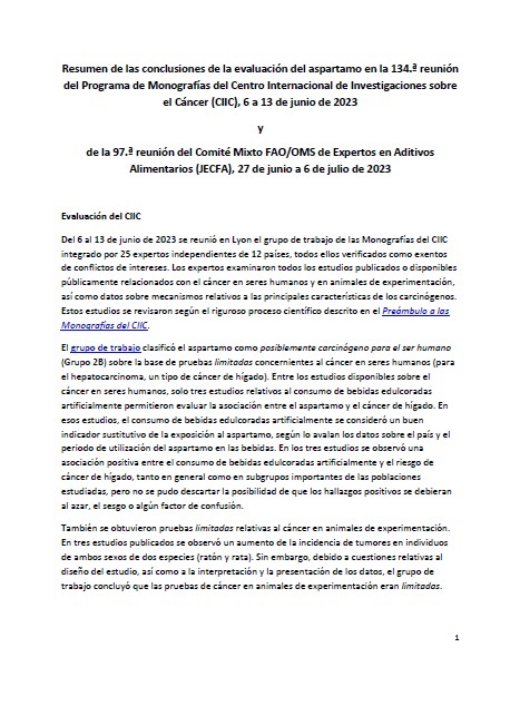 Resumen de las conclusiones de la evaluación del aspartamo en la 134.ª reunión del Programa de Monografías del Centro Internacional de Investigaciones sobre el Cáncer y de la 97.ª reunión del Comité Mixto FAO/OMS de Expertos en Aditivos Alimentarios