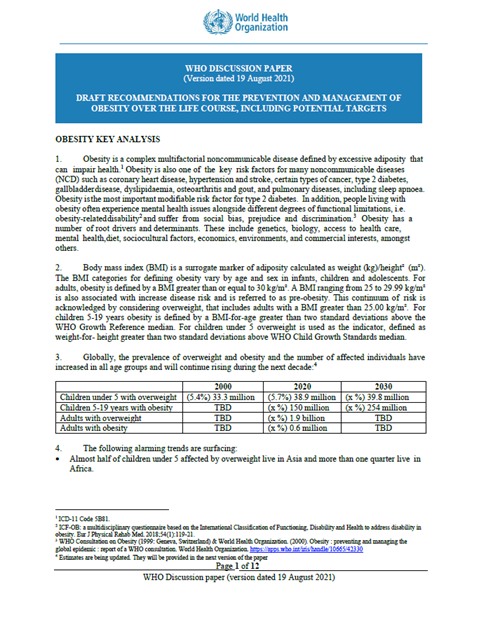 WHO Discussion Paper: Draft recommendations for the prevention and management of obesity over the life course, including potential targets