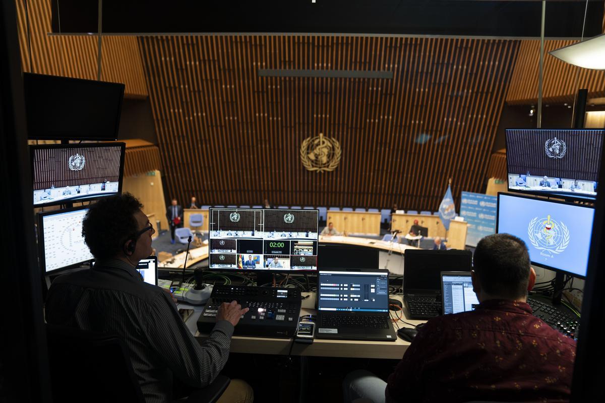 The audiovisual control booth for the Executive Board Room at WHO Headquarters in Geneva